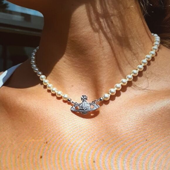 New Silver Saturn Pearl Necklace New With Tags Women's 16" - Picture 1 of 5